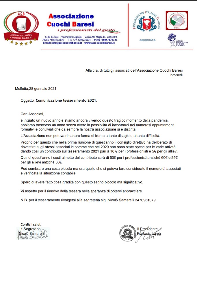 COMUNICAZIONE TESSERAMENTO 2021