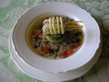 ZUPPA DI FARRO  E LAMPASCIONI  CON BAVARESINA DI CICORIE CAMPESTRE E ALICI CROCCANTI FARCITI CON GAMBERI PROFUMATI AL  LIMONE